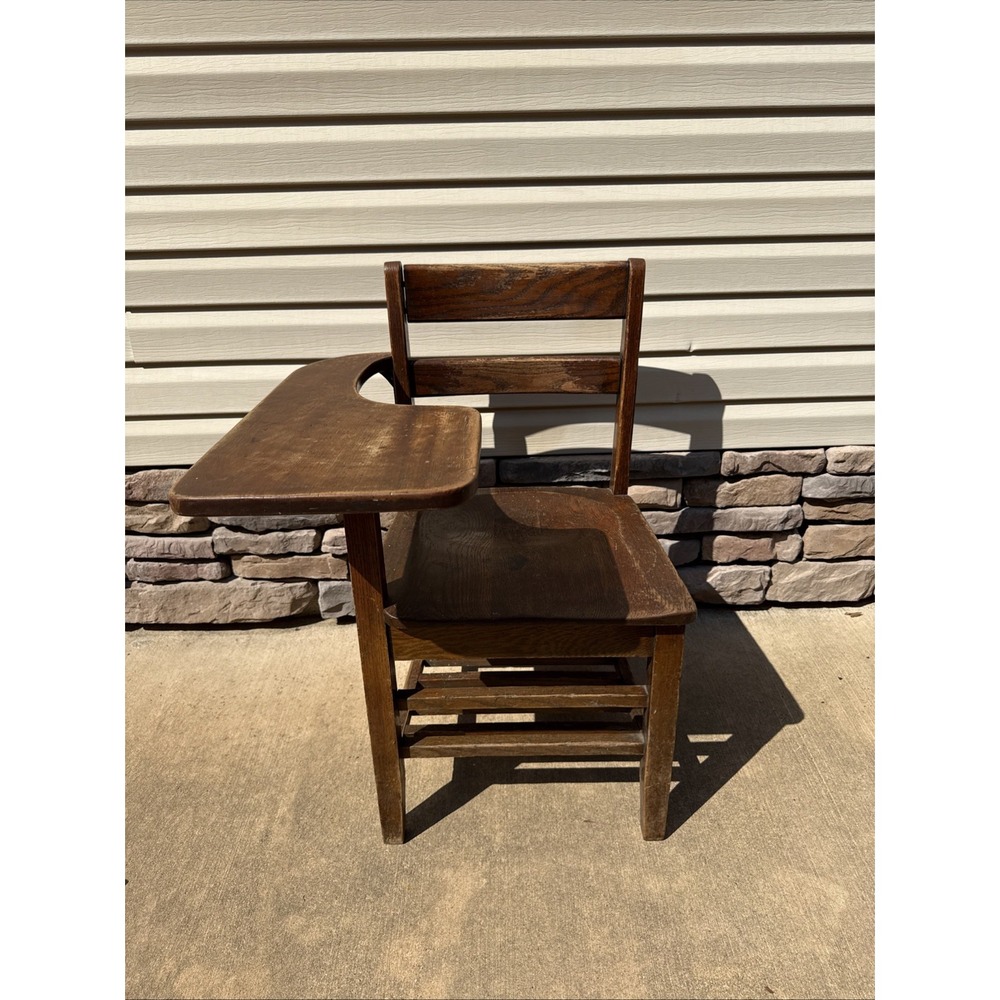 Vintage Antique Student Mission Oak Wood School Chair & Attached Desk